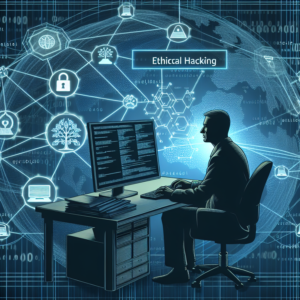 "Ethical hacker analyzing network security measures on a computer screen to protect critical infrastructure against cyber threats."